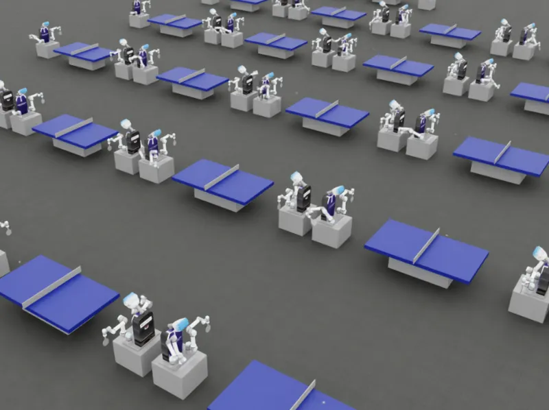 Table-tennis training scene: two dual-arm robots across a table